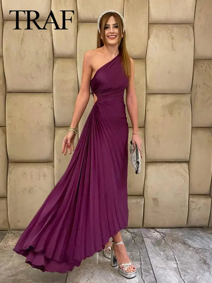 Asymmetrical Backless Sleeveless Female Wedding Guest Midi Dresses TRAF Women Elegant One Shoulder Solid Dress Ruffled