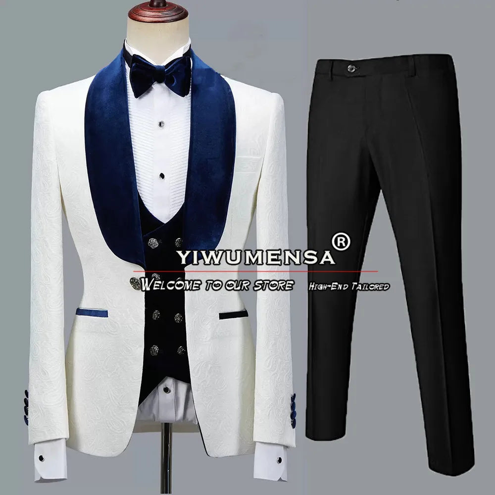 Latest Men Suits White Jacquard Black Velvet Lapel Blazer Sets Formal Wedding Groomsman Tuxedo Tailor-Made Man Marriage Clothing