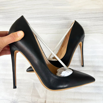 Matte Black Sexy 12cm Woman Super High Heels Pointed Toe Shallow Stilettos Pumps OL Work Ladies Slingback Dress Shoes