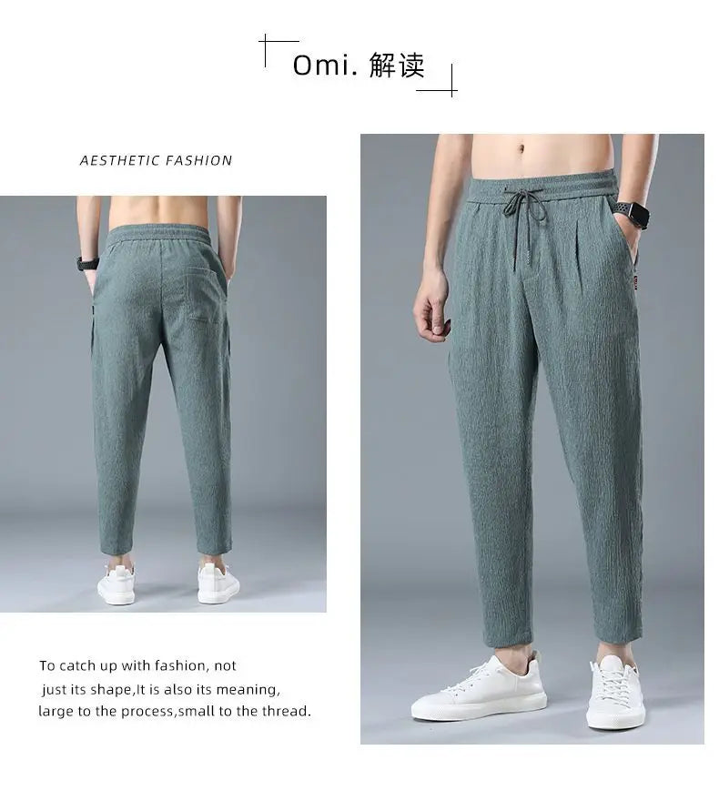 Spring Summer Men Cotton Hemp Ice Silk Pants Streetwear Fashion Male Basic Elastic Waist Loose Sports Straight Casual Trousers