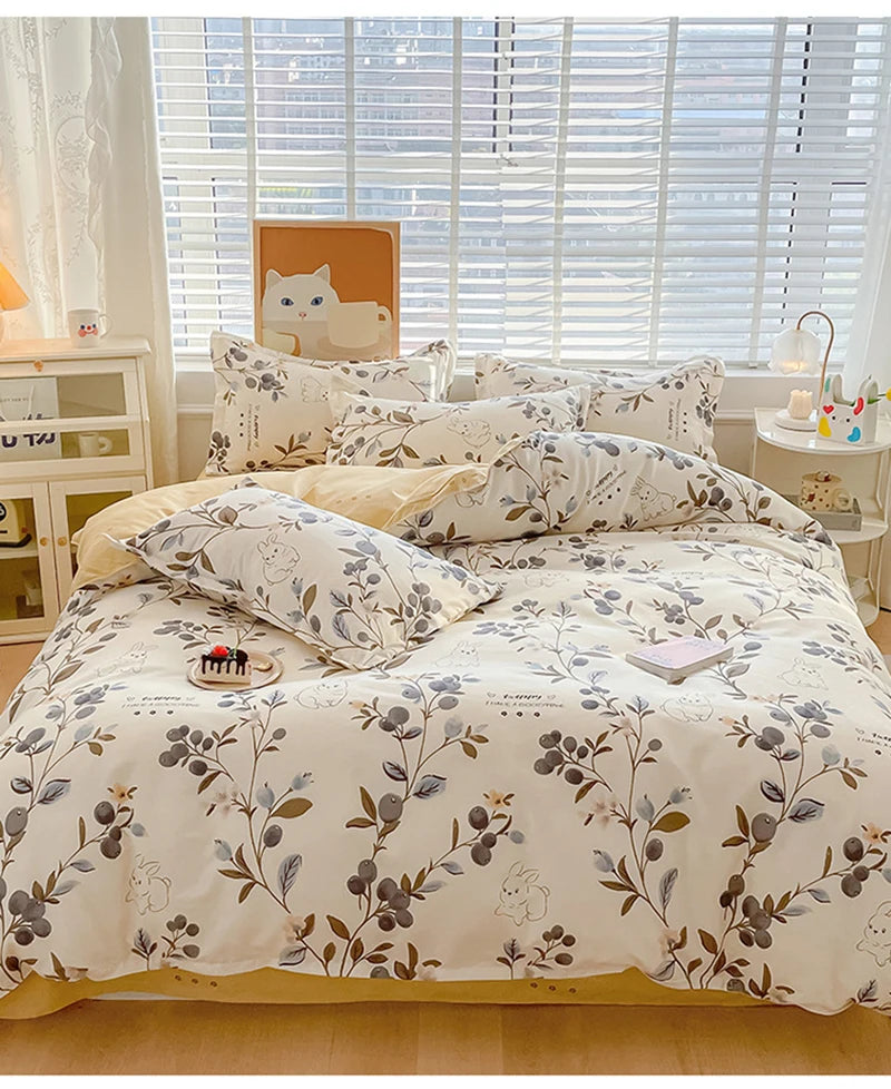 Cute Home Comforter Bedding Sets Washed Cotton Duvet Cover Flat Bed Sheet Set Twin Full Queen King Size Bed For Girls Couple