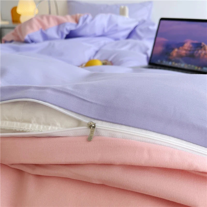 Simple Style 100% Washed Cotton Duvet Cover Queen King 3 Pieces Solid Color Bedding Set, 1 Quilt Cover and 2 Pillowcases, Purple