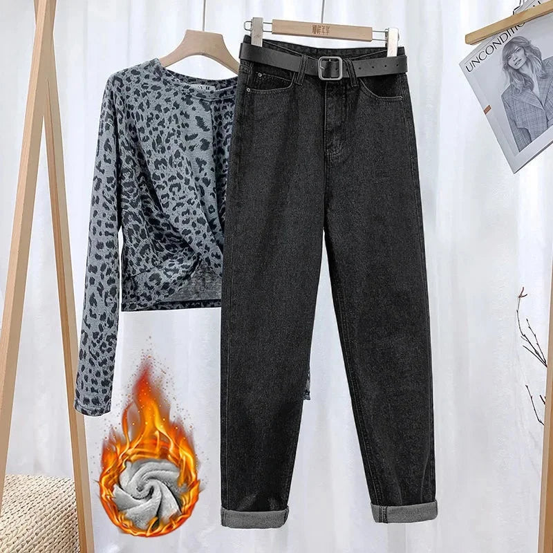 Women's Loose-Fit High-Waisted Fleece-Lined Jeans Slimming Thickened Warm Petite Nine-Point-Slim Fashion Trendy Spring Autumn Je