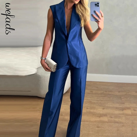 Wefads Women's Sets Summer Office Lapel V Neck Sleeveless Backless One Button Solid Vest Top Loose Pants Suit High Streetwear