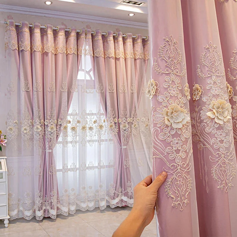 Embossed 3D Embroidered Luxury Double Layer Curtains for Living Room Bedroom Dining Elegant High Shading Coffe Windows Drapes