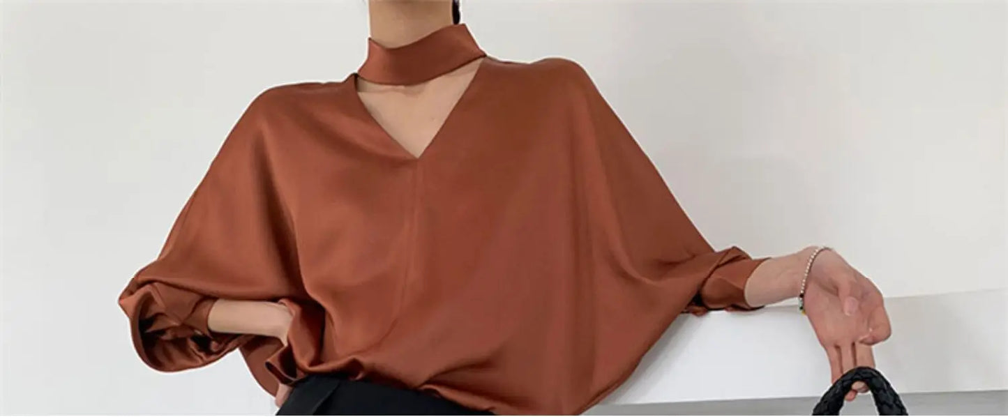 Lantern Sleeve Satin Shirt Elegant Loose Women Tops and Blouses 2024 Autumn