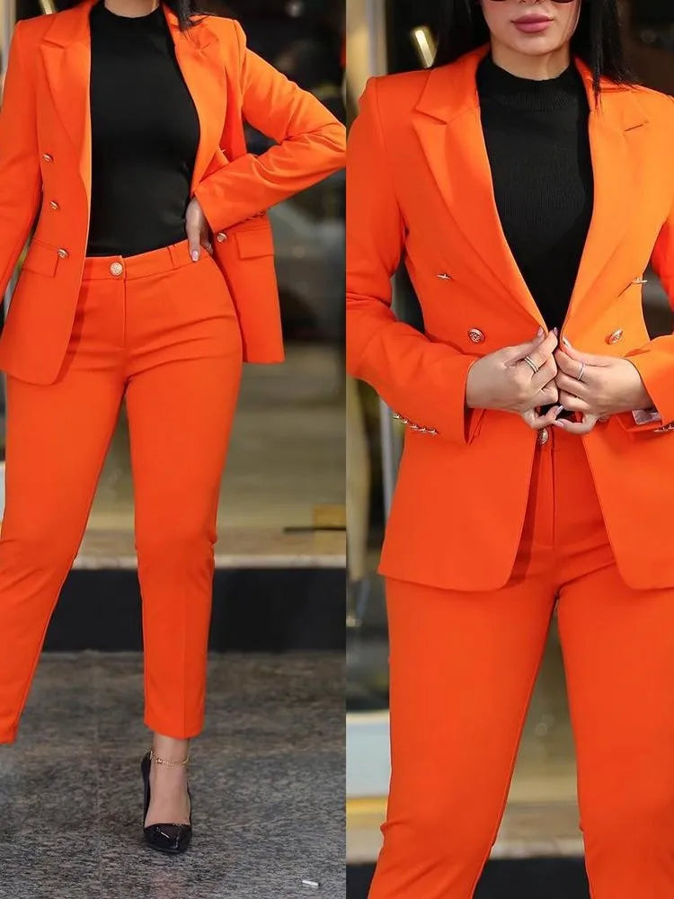 Elegant Office Lady Two Piece Sets New Autumn Winter Women Fashion Notched Neck Long Sleeve Blazer & High Waist Work Pants Suit