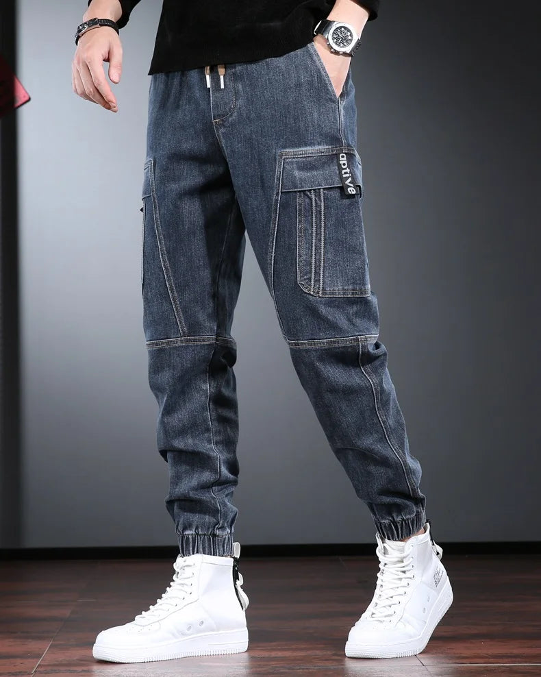 Autumn Jeans Men Baggy Cargo Pants Streetwear Hip Hop Casual Blue Gray Elastic Waist Denim Trousers CP2013