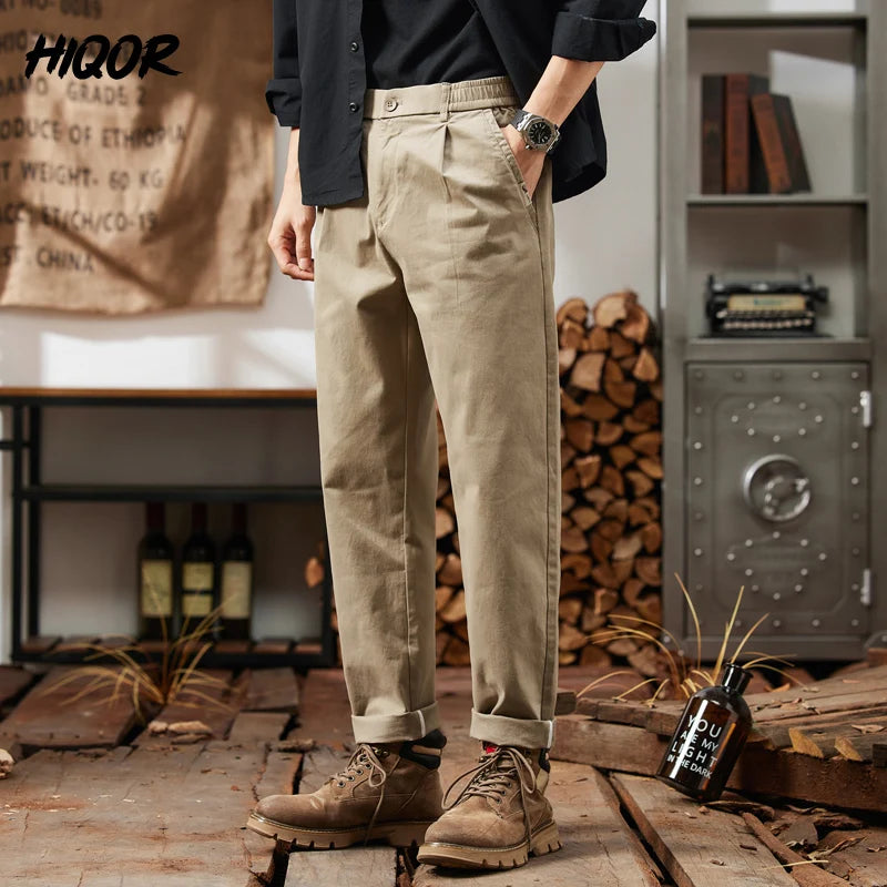 HIQOR Men Elastic Waist Cargo Pants New In Man Cotton Casual Pants Male Workwear Hombre Straight Trousers Male Big Size 28-38