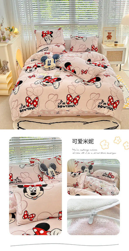 Pooh Bear Daisy Mickey Lotso Minnie cute cartoon pattern soft and warm milk velvet bed sheet and quilt cover four-piece set