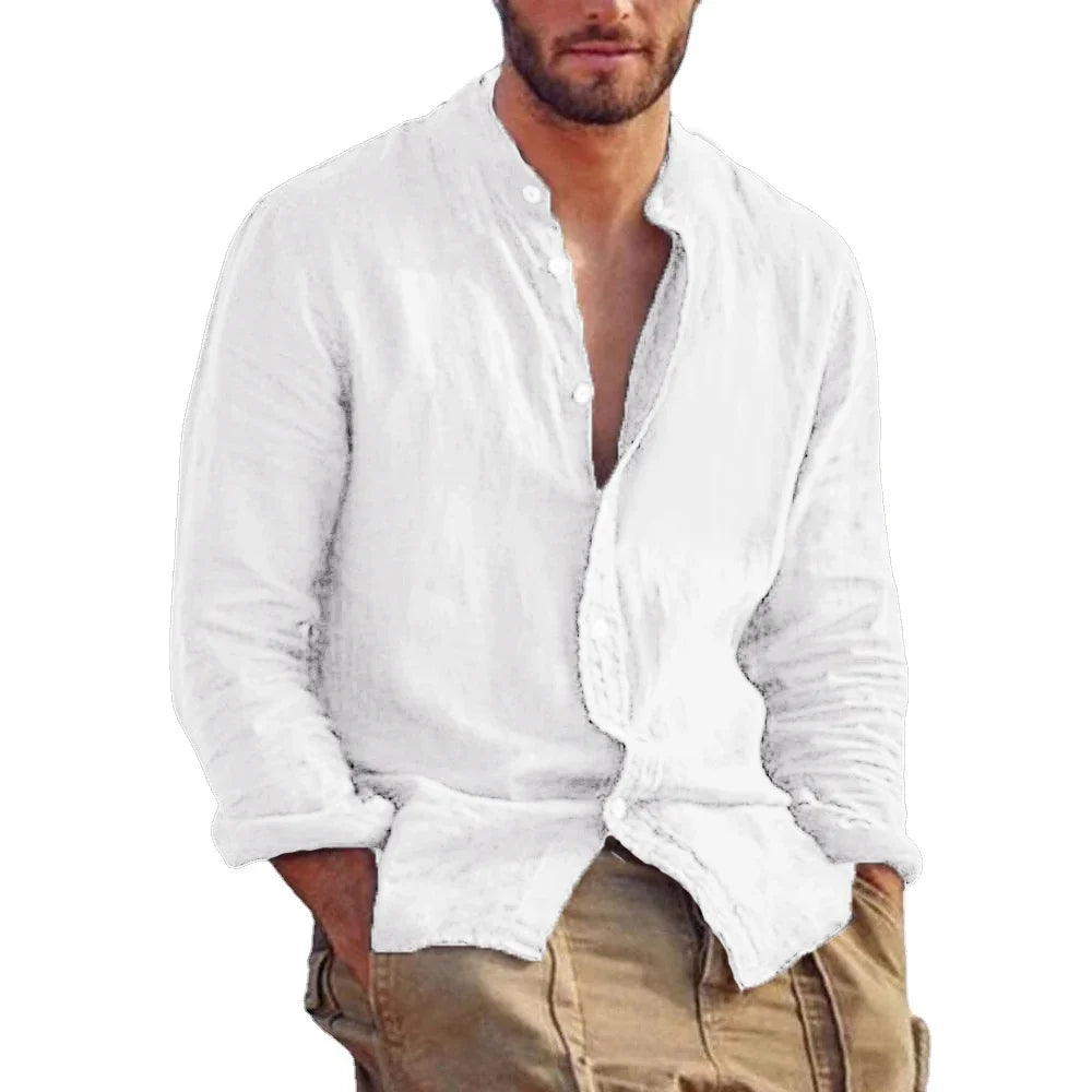 Men's Solid Color Long Sleeve Shirt Linen Cotton Shirts Trend Plus-size Stand Collar Casual Lightweight Beach Tops