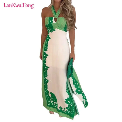 LKF Holiday Casual Women's Dress Halter Backless Sexy Colorblock Print Slit Slim Long Dress