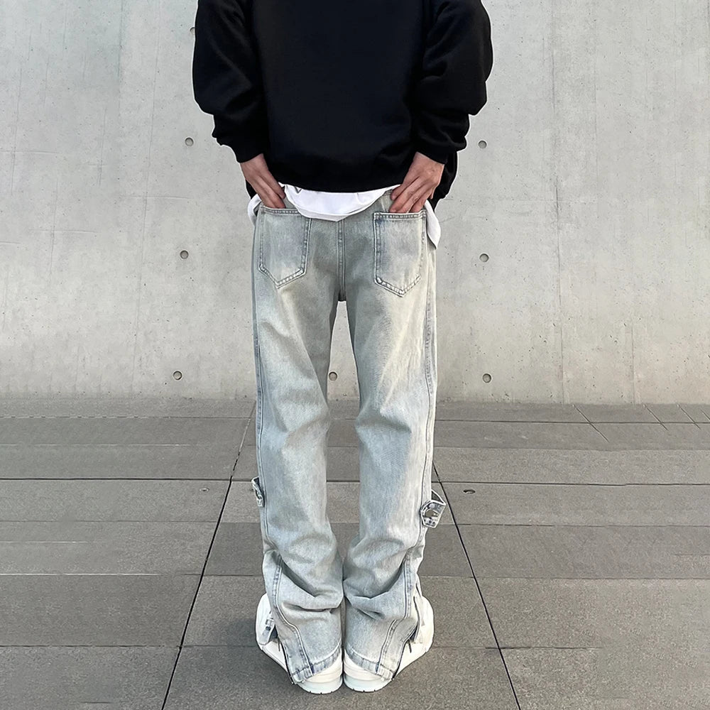 Streetwear Jeans Men Y2k Autumn Fashion Casual Zip Flared Trousers Slim Blue Vintage Winter Stacked Street Original Denim Pants