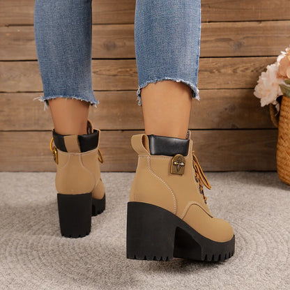 Women Retro Round Toe Chunky Heels Ankle Boots Autumn New High Heels Shoes Woman Lace Up Platform Short Booties Big Size 42