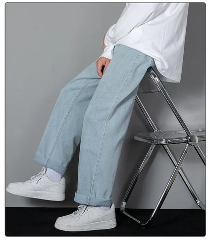 New Korean Men's Casual Long Jeans Classic Man Straight Denim Wide-leg Pants Solid Color Light Blue Grey Black 3XL