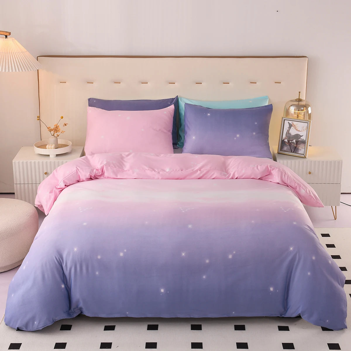 3pcs Fantasy Pink and Purple Gradient Duvet Cover Set Microfiber Galaxy Bedding Set Starry Sky Print Quilt Cover For Girls Room