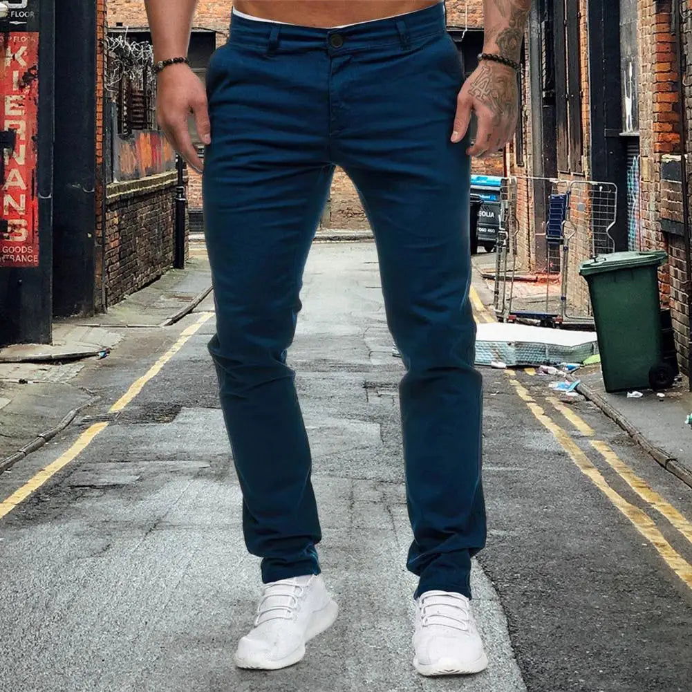 Men Pants Mid Waist Zipper Button Closure Men Long Trousers Thin Slim Fit Soft Breathable Casual Ankle Length Pencil Pants