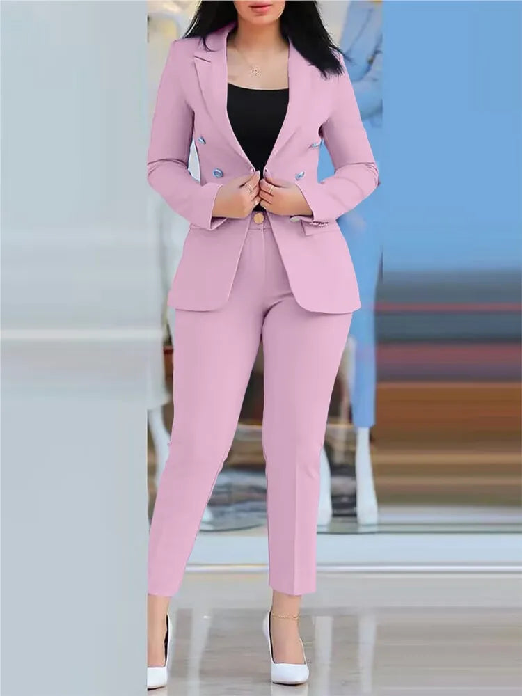 Elegant Office Lady Two Piece Sets New Autumn Winter Women Fashion Notched Neck Long Sleeve Blazer & High Waist Work Pants Suit