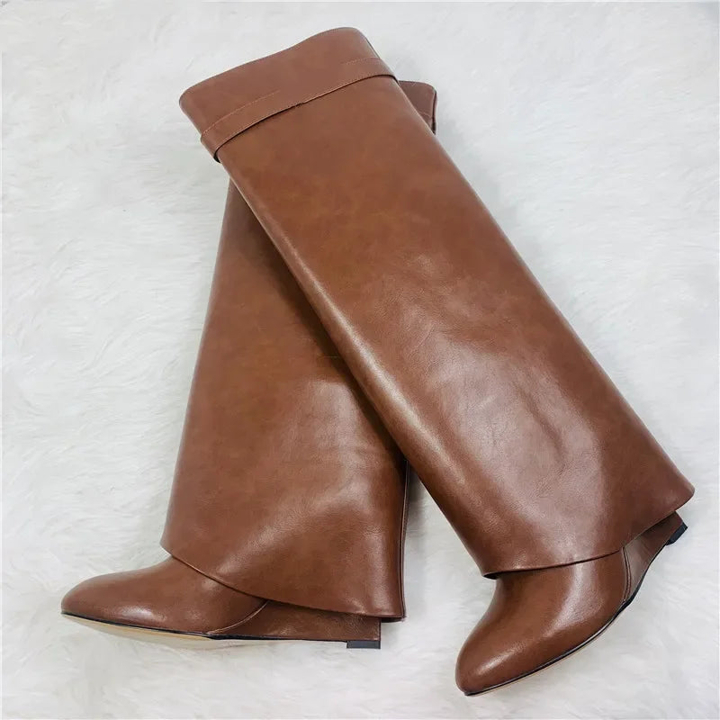 Shark Lock Women's High Boot Genuine Leather Knee Length Women's Boot Luxury Designer Banquet Thigh High Boot Botas De Mujer