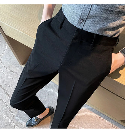 9 Color Summer Fashion Mens Suit Pants Pure Color Business Formal Pants Slim Fit Office Mens Wedding Social Ankle Long Trousers