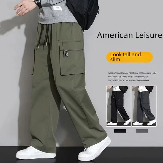 American Style Green Cargo Pants Loose-fit Straight-leg Pants For Men Casual Long Trousers For Autumn Youth