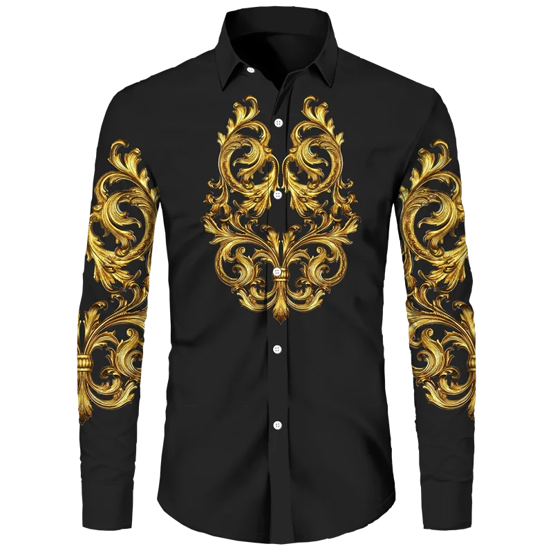 Golden Flower Pattern Print Men's Shirts Casual Single-Breasted Cardigan Long Sleeve Shirt Fashion Trend Tops Men Clothing