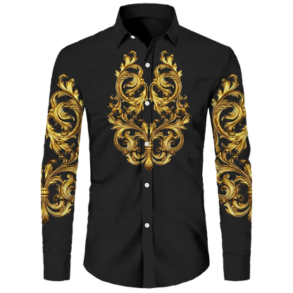 Golden Flower Pattern Print Men's Shirts Casual Single-Breasted Cardigan Long Sleeve Shirt Fashion Trend Tops Men Clothing