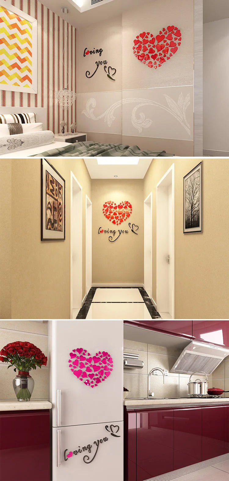 1 Set Love Heart  Acrylic Wall Sticker DIY 3D Mirror Acrylic Wall Stickers Living Room Bedroom Background Wall Home Decoration