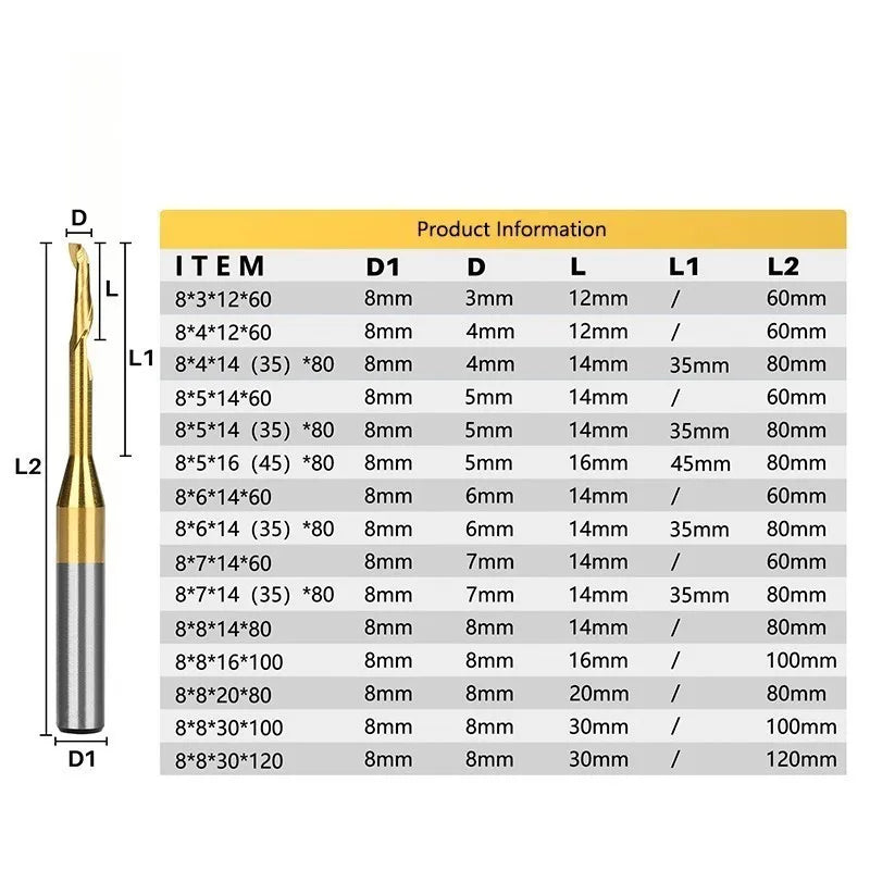 XCAN  Aluminum Spiral End Mill 8mm Shank HSS Milling Cutter Single Flute CNC Router Bit TiN Coated End Mill for Wood Cutting