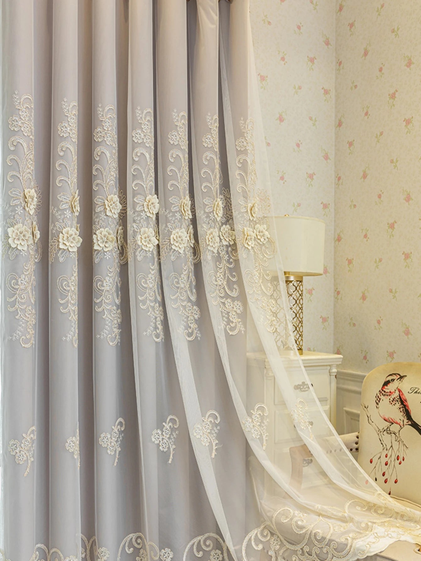 1pc Embroidered Flower Decor Double Layer Single Panel blackout Curtain for living room Window and Bedroom Festival decor