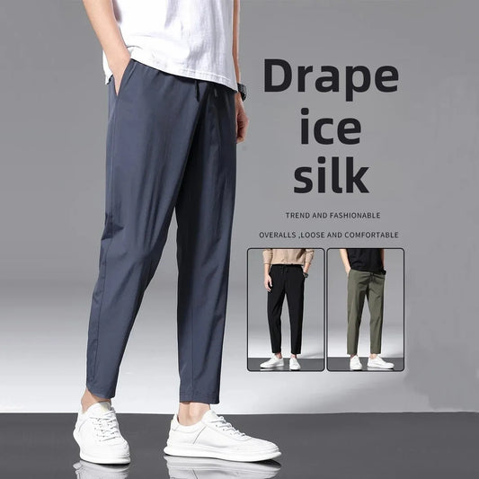 2022 New Men's Summer Ice Silk Versatile Casual Pants Thin Sports Trousers Straight Leg Nine Points Trousers For Men