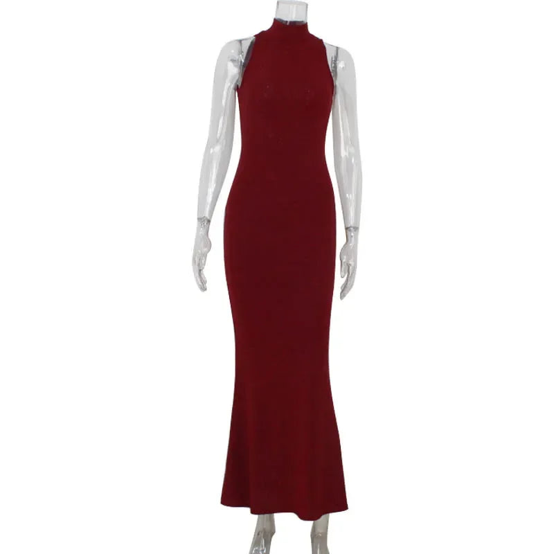 Sexy Slim Sequins Red Sleeveless Long Dress Women's Elegant Shiny Party Bodycon Robes 2025 New Fashion Solid Maxi Gown Dresses