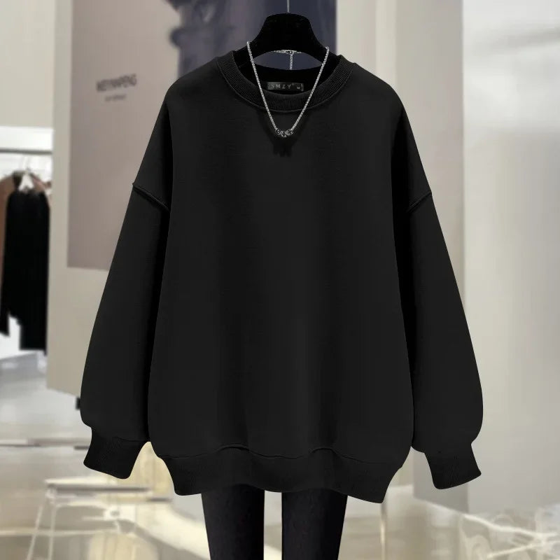 Pink Round Neck Sweatshirt Women's Fleece-Lined Thickened New Solid Color Idle Style Loose-Fit Pullover Top Autumn/Winter 2024