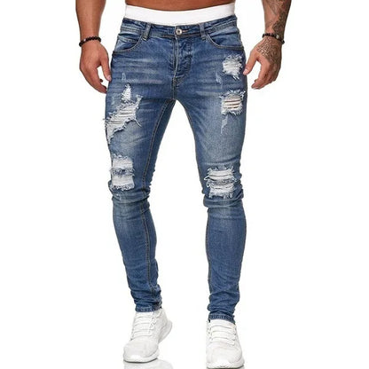 2024 New Street Style Ripped Skinny Jeans Men Vintage wash Solid Denim Trouser Mens Casual Slim fit Stretch pencil denim Pants