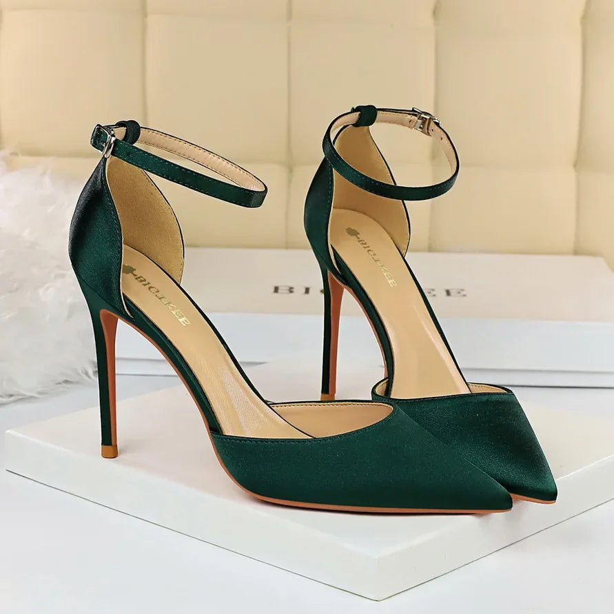 Summer Women 10cm High Heels Sandals Lady Wedding Bridal Scarpins Silk Heels Fetish Pumps Blue Green Pink Strappy Fashion Shoes