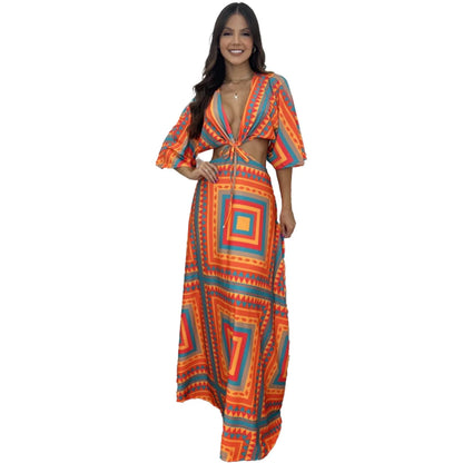 Sexy Printed Long Dresses Deep V-neck Women Hollow Out Lace-up Bat Half Sleeve Vacation Dress Spring Summer New Bohemian Style