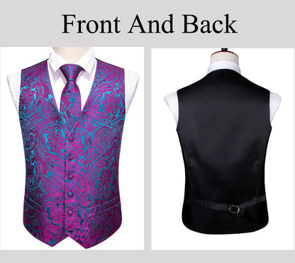 Designer Vest for Men Silk Embroidered Red Burgundy Paisley Waistcoat Tie Pocket Square Set Slim Fit Wedding Suit Barry Wang