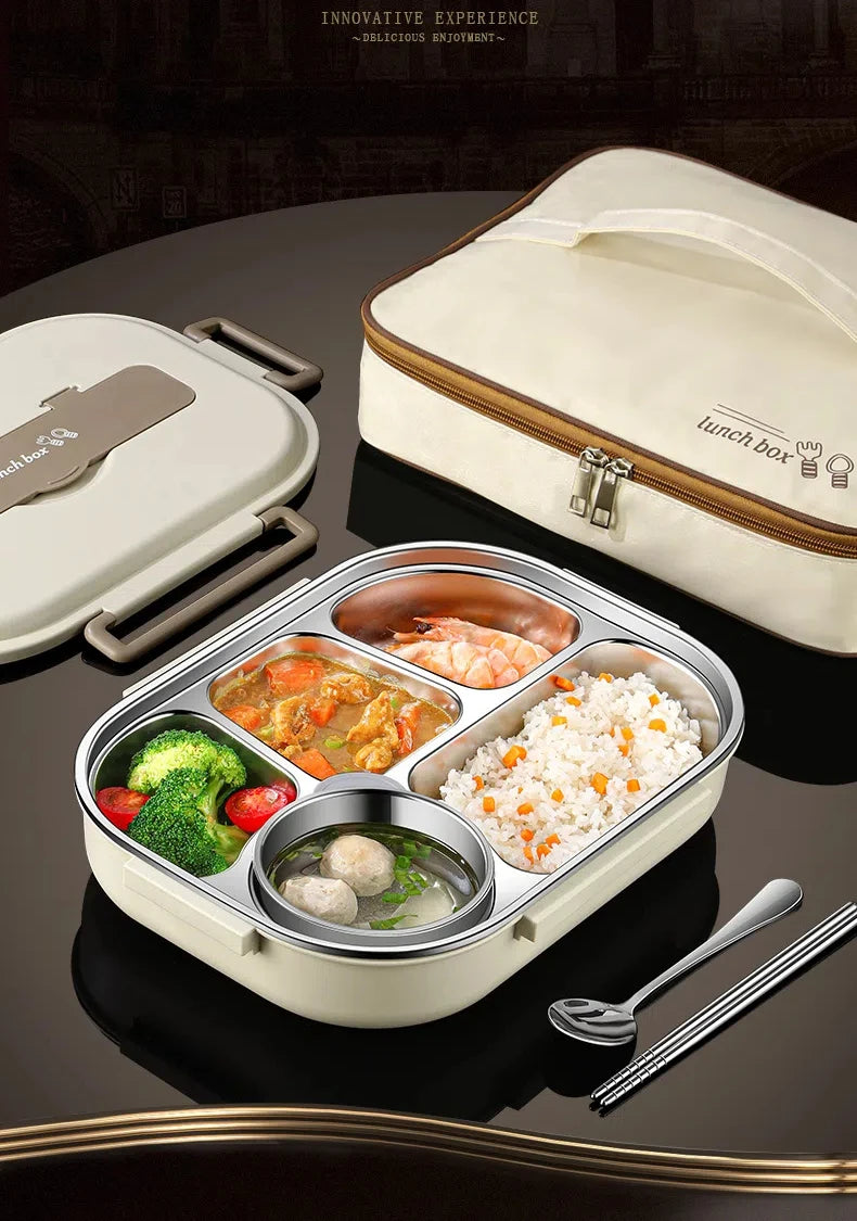 Square Insulated Bento Lunch Box With Tableware Microwave Safe Portable 304 Stainless Steel Food Storage Container