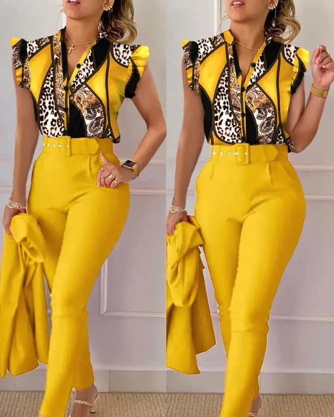 Womens Two Piece Sets Outfit Geometric Print Flutter Sleeve Top & Pants Set with Belt New Fashion 2023 Summer Casua Suit