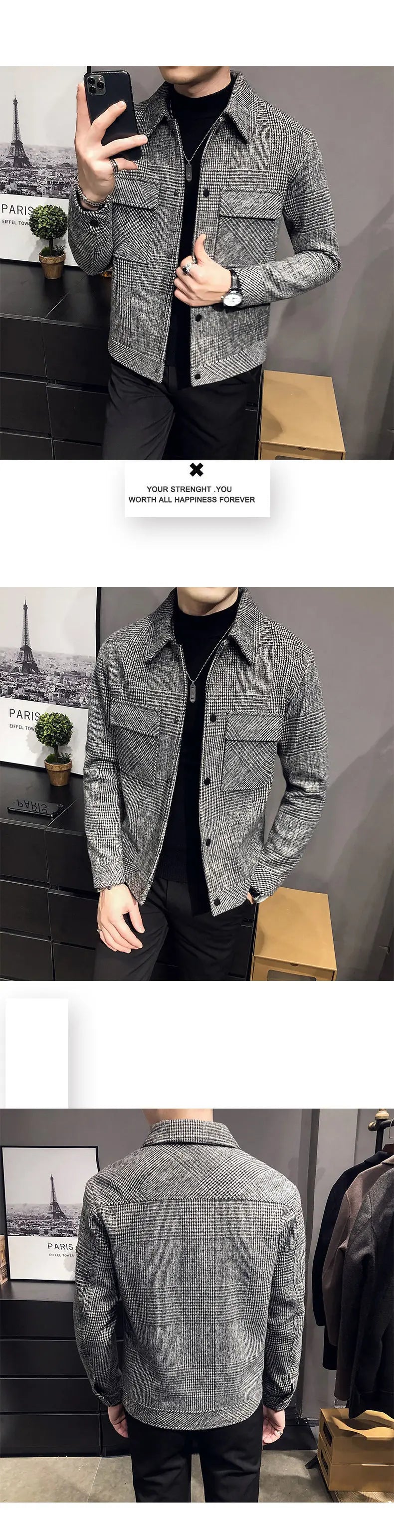 2024Autumn/Winter Men Polo Neck Woolen Jacket Fashion Slim Fit Suit Coat HighQuality Checkered Multi Pocket Korean Casual Jacket