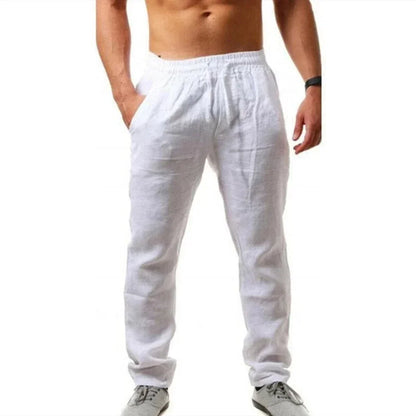 Men's Linen Pants Cotton Linen Long Pants Summer Casual Loose Drawstring Yoga Beach Trousers Breathable Elastic Waist Sweatpants