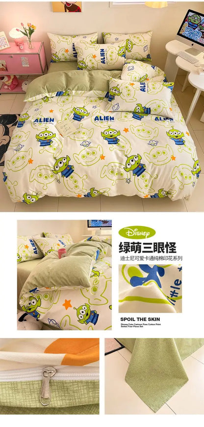 Toy Story Lotso Buzz Lightyear Alien Mickey Stitch Pooh Bear Fun Cartoon Printed Cotton Sheets and Quilt Covers Three Piece Set