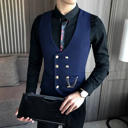 2025 Latest Style Double Breasted Men Suit Vest Gold Button Slim Fit Formal Groom Wedding Vest Streetwear Sleeveless Vest Jacket