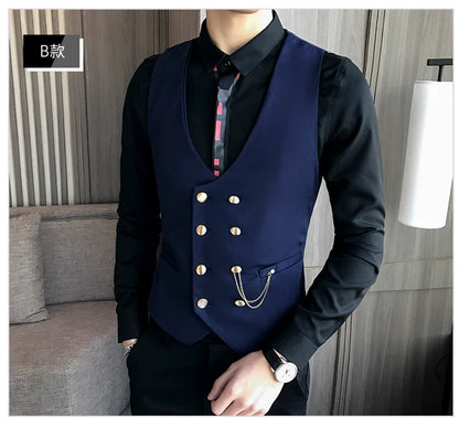 2025 Latest Style Double Breasted Men Suit Vest Gold Button Slim Fit Formal Groom Wedding Vest Streetwear Sleeveless Vest Jacket