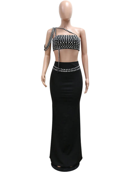 Sparkly Diamonds Tube Top Long Skirt Two Pieces Set for Women Sexy Celebrate Evening Prom Birthday Photo Shoot Dress Stage Wear