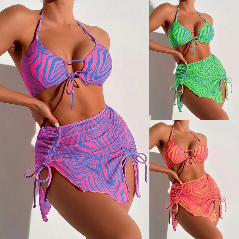 Women Sexy Hollow Out Swimsuit with Beach Skirt Three Pieces Stripe Print Split Bathing Suit Lady String Halter Neck Bikinis Set