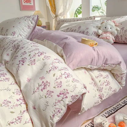 Fresh Botanical Floral Bedding Set Washed Cotton Bed Linens Single Twin Full Size Quilt Cover Sheet Set for Girls Home Textiles