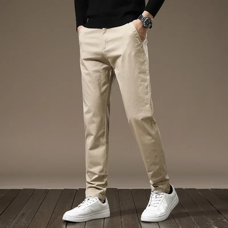 Autumn New Pure Cotton Casual Pants for Men Black Khaki Gray Business Slim Straight Elastic Fashion Casual Long Pants Male