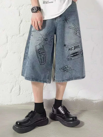 Summer Men Shorts Hip Hop Pockets Straight Wide Length Male Painted Harajuku Jeans Baggy Loose Cool Streetwear Short Pants