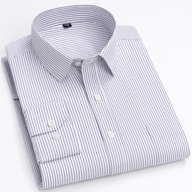 Men's Classic Long Sleeve Print/striped Basic Dress Shirts Single Patch Pocket 65% Cotton Business Standard-fit Office Shirt